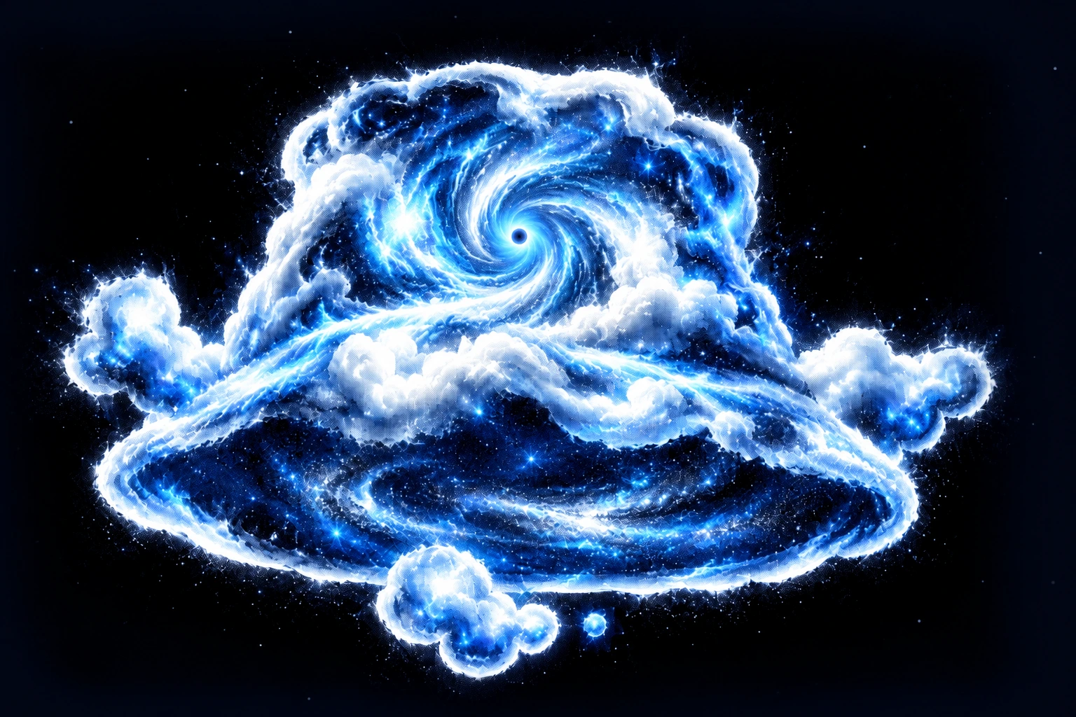 A galaxy of blue and purple stars forming a bucket hat around a glowing central portal